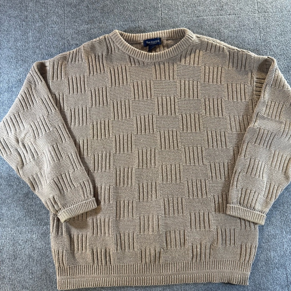 Vintage Van Heusen USA Made L Cotton Basketweave Knit Grandpa Sweater Oatmeal